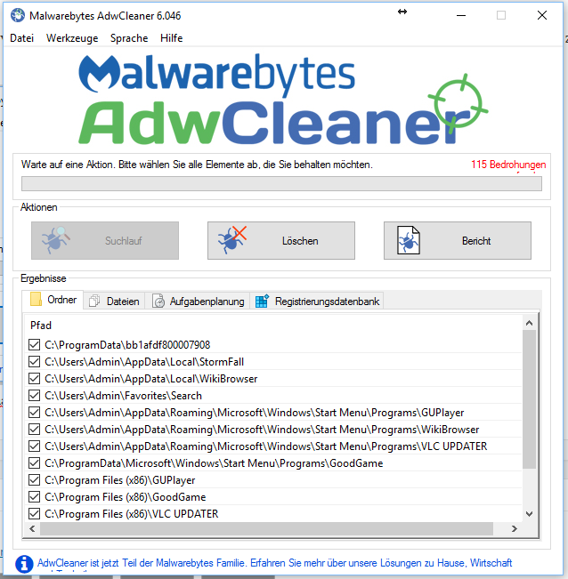Die Ergebnisse in der Adwcleaner Suche