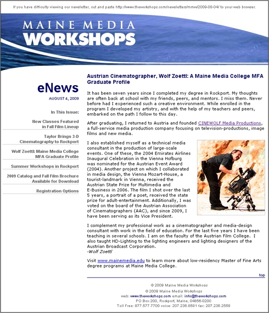 Maine Media Workshops Newsletter 2008-08-04