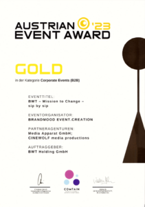 cinewolf media productions - Austrian Event Award Gold - BWT - 33 Jahre - mission2change -sip by sip
