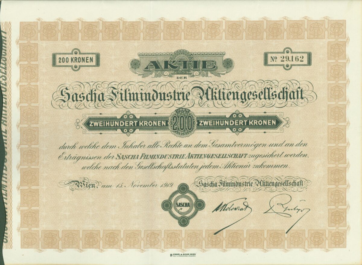 Austrian Film Market 1924 – Conditions and Opportunities 1 - CINEWOLF media productions Austrian Film Market 1924 – Sascha Filmindustrie AG stock certificate 200 Kronen 1919